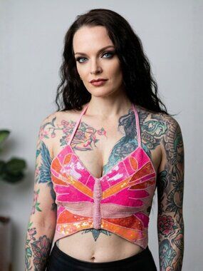 Club Exx ✦ Pixlie Playa Dreamin Butterfly Sequin Halter Top ✦ Pink Multi M/L NWT